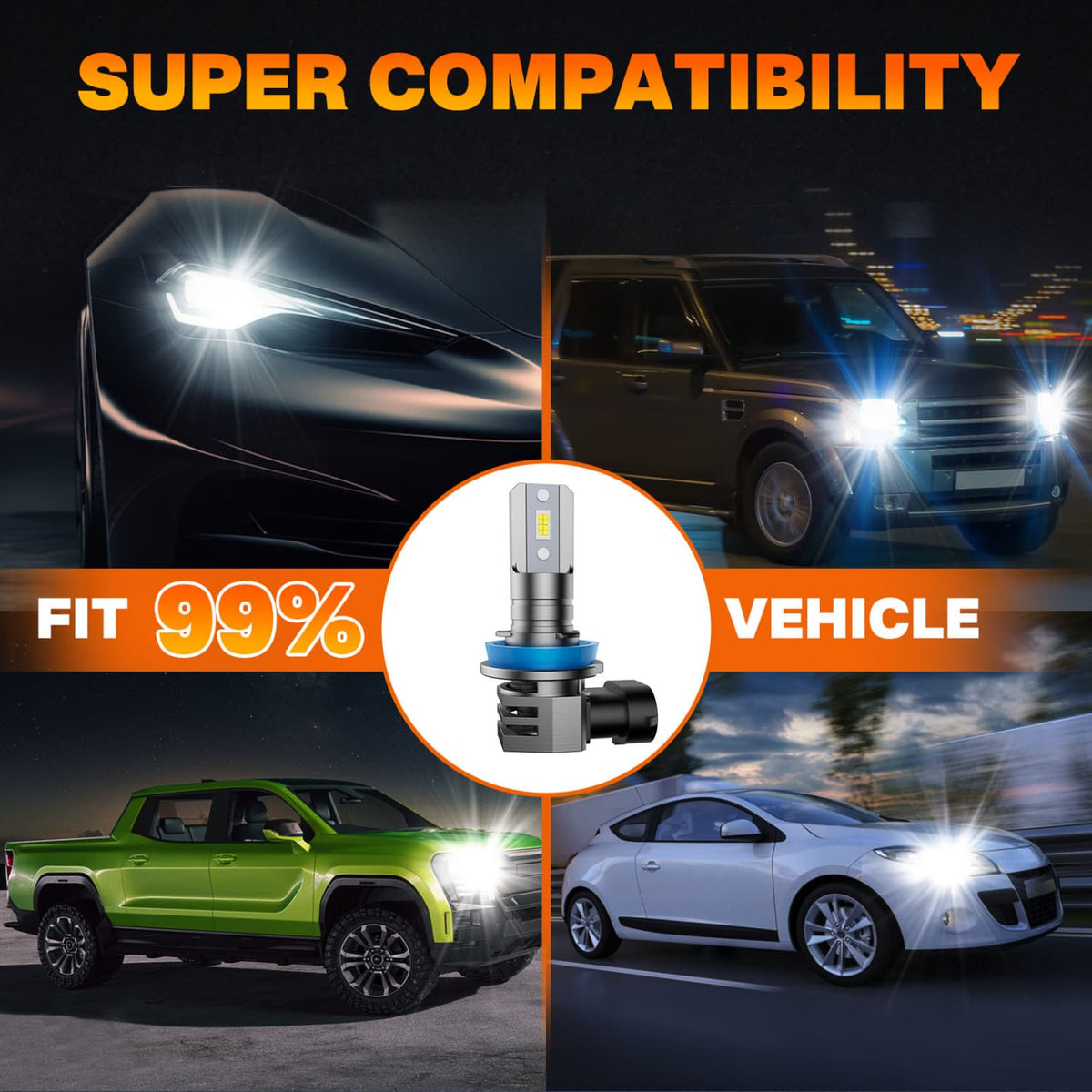 H11 LED Headlight Bulb Compatibility with 99% Vehicles
