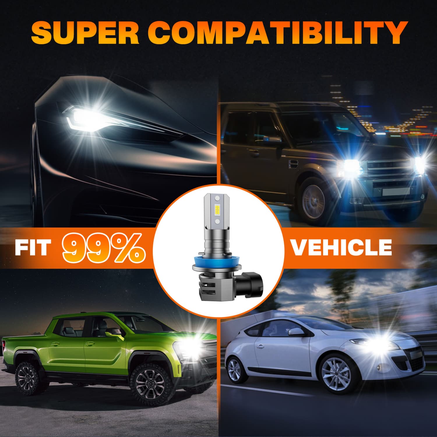 H11 LED Headlight Bulb Compatibility with 99% Vehicles