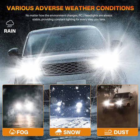 RCJ Headlights in adverse weather: Rain, fog, snow, and dust conditions, ensuring visibility and safety on the road.