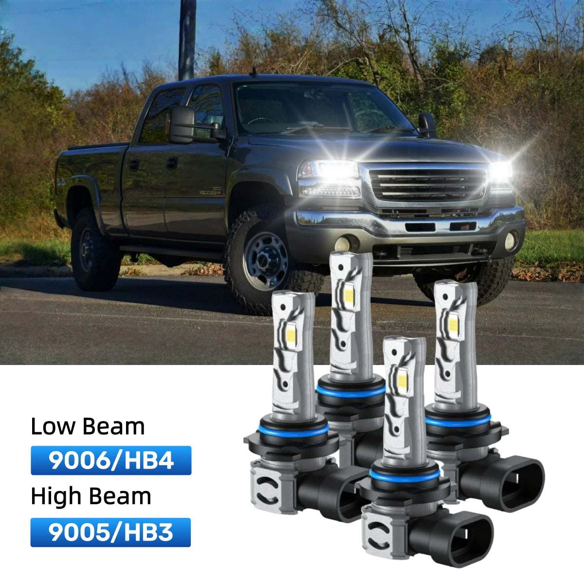 thumbnail image 2 of 4x Blue LED Headlight Bulbs For Chevy Silverado 1500 1999-2006 – High/Low Beam Kit 9005+9006 – 8000K, 40W, Ballasts Included 2 of 5