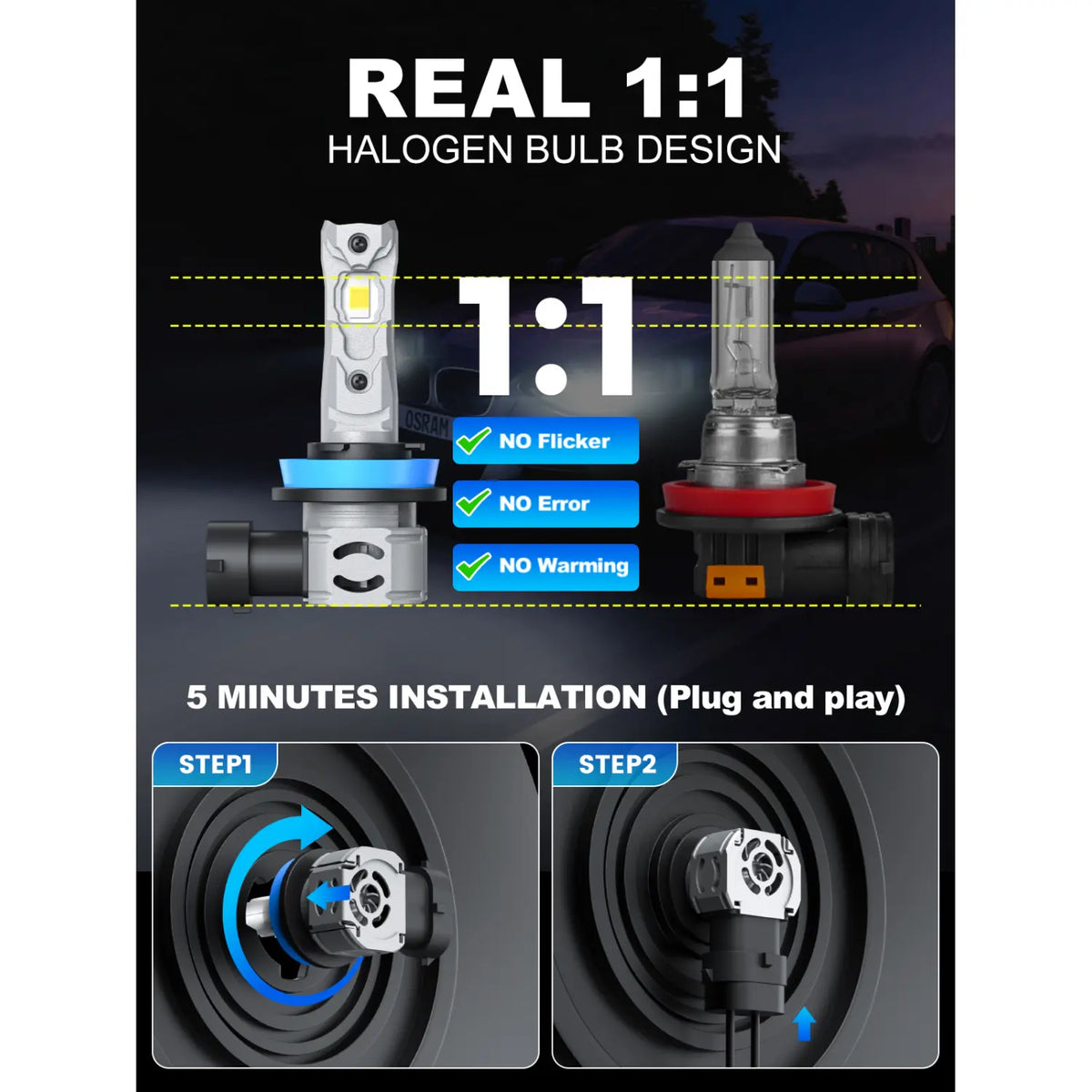 XM3 Series H11 LED Headlight Bulbs with Perfect Design