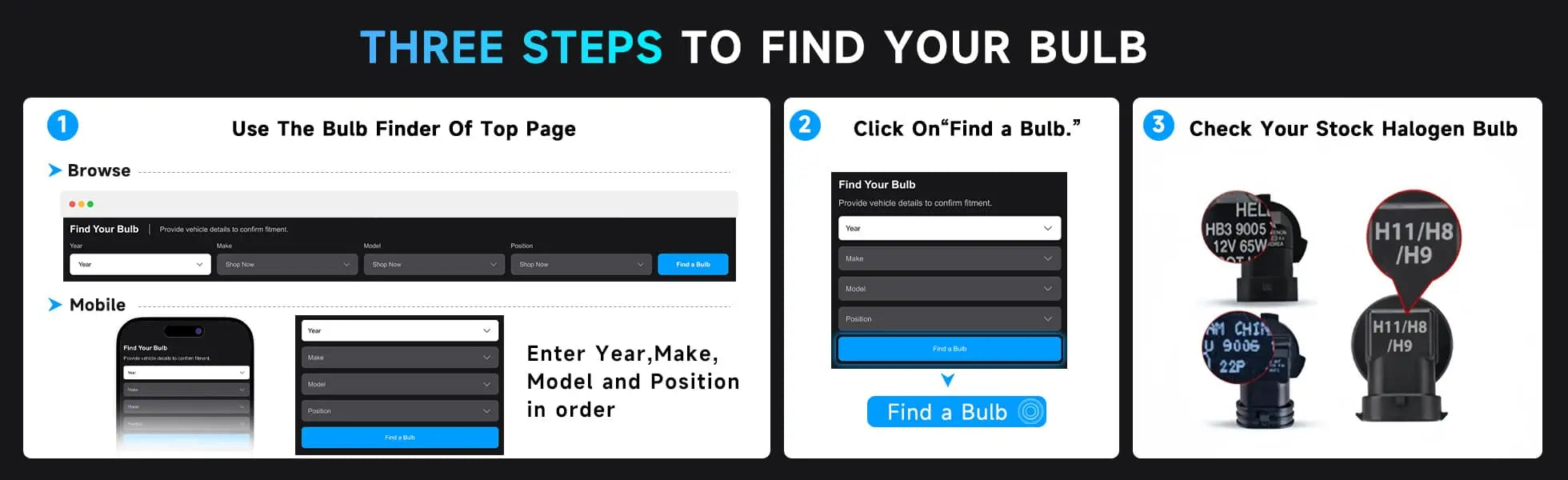 Three steps to find the right car bulb using RIMTHIN bulb finder tool — enter vehicle year, make, and model