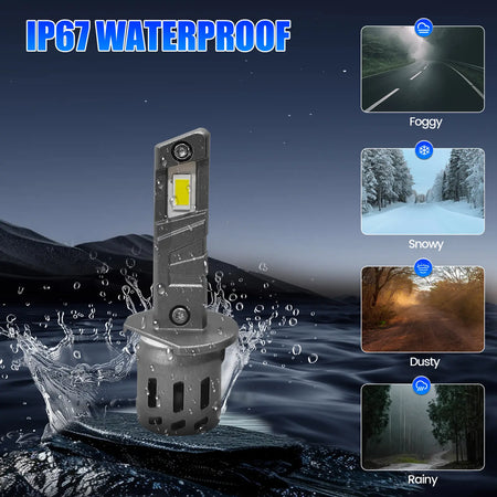 RIMTHIN E1 H1 LED headlight bulb, IP67 waterproof, suitable for foggy, snowy, dusty and rainy conditions.