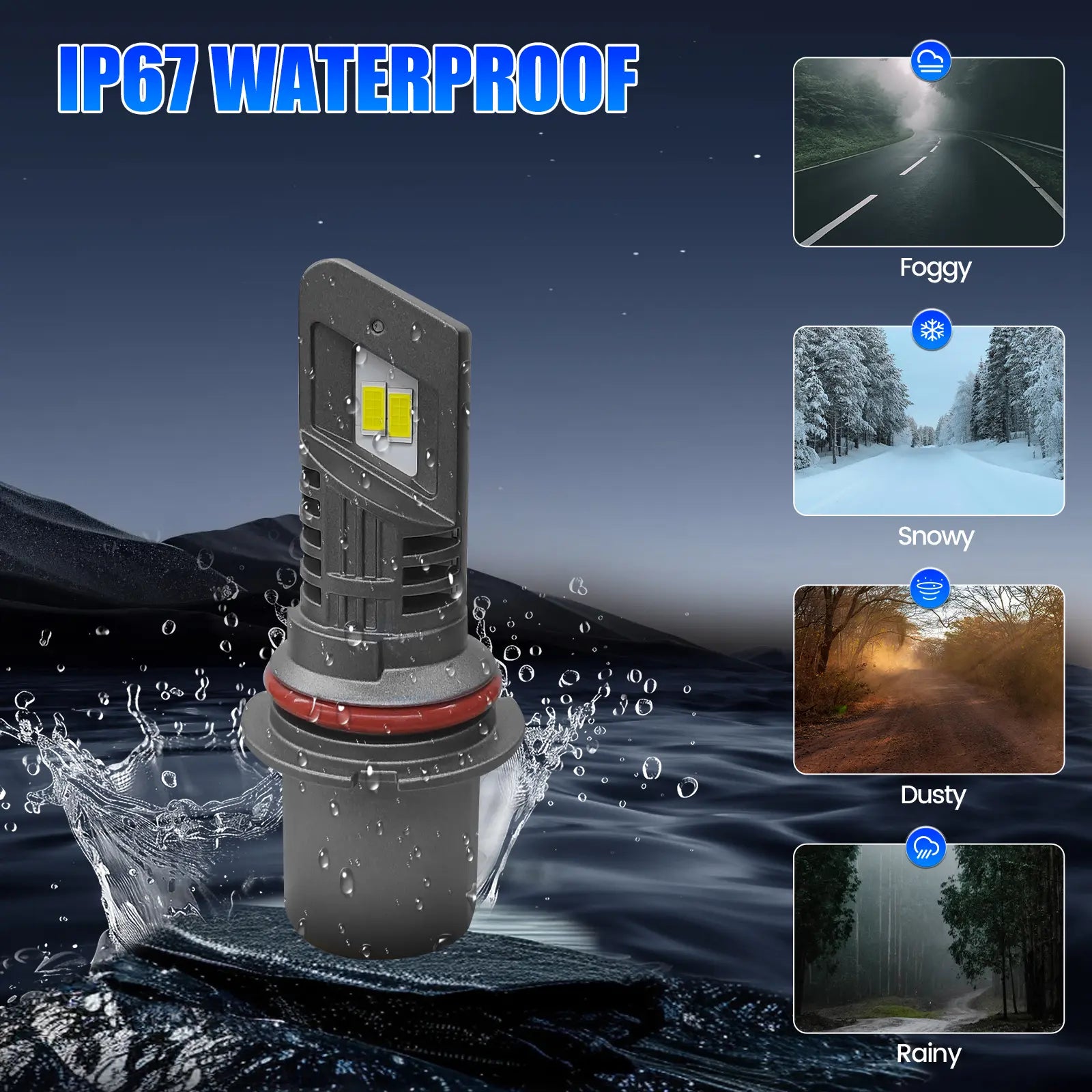 IP67 Waterproof LED headlight bulb, suitable for foggy, snowy, dusty, and rainy conditions. Automotive lighting solution.