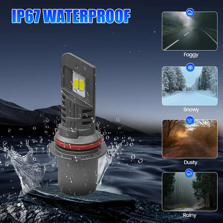 IP67 Waterproof LED headlight bulb, suitable for foggy, snowy, dusty, and rainy conditions. Automotive lighting solution.