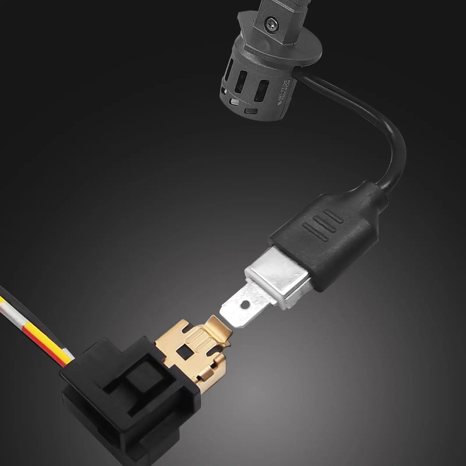 Rimthin E1 H1 LED Headlight Bulb connector, automotive lighting connection. Black, silver, and gold electrical components.