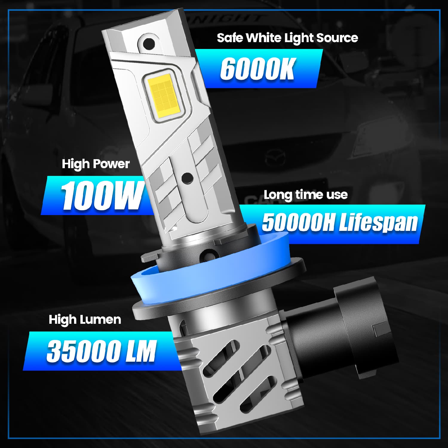 RCJ H11/H8/H9 LED Headlight Bulbs 100W 35000LM 6000K White 13000RPM Fan Pack of 2