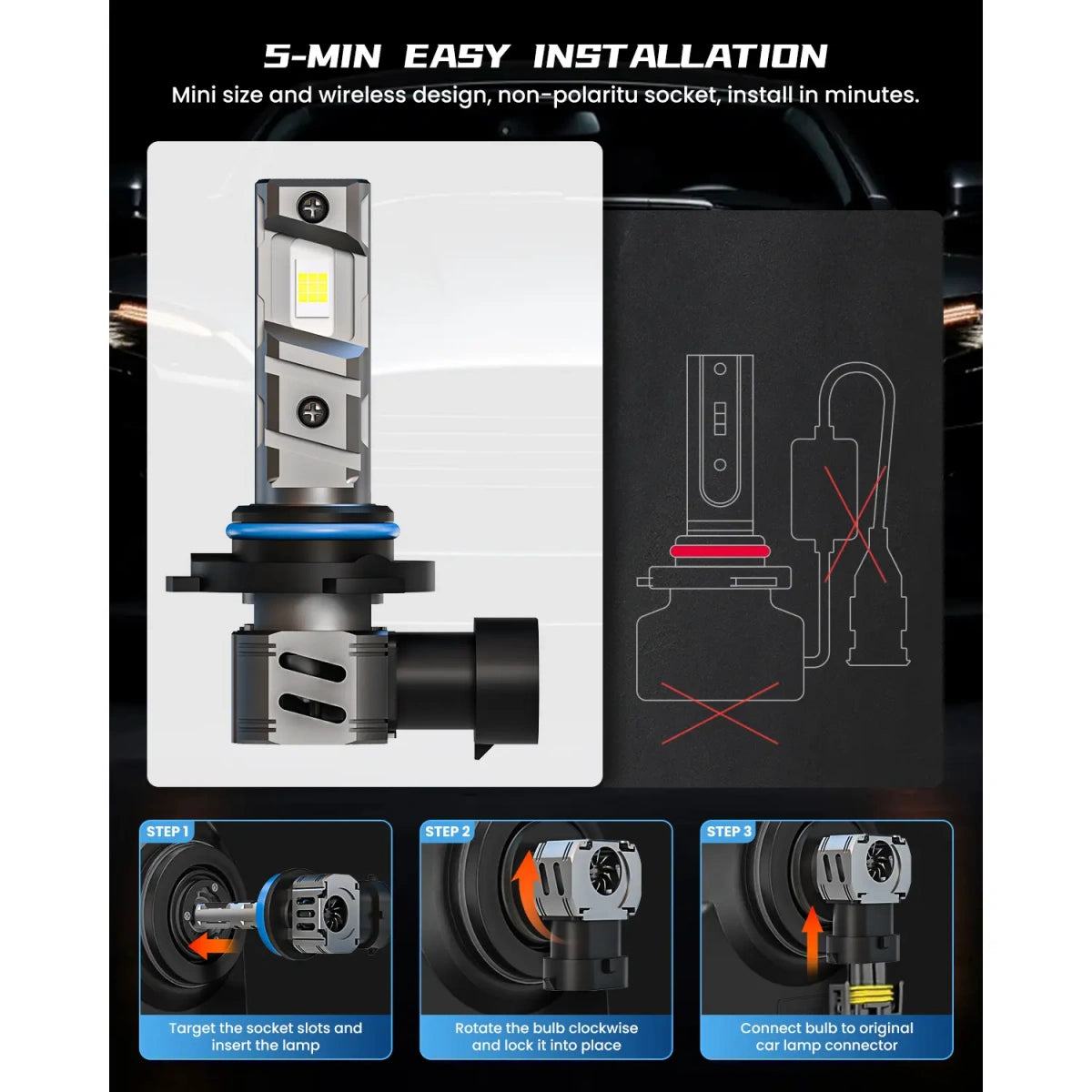 XM2 Series 9012 LED Headlight Bulbs Eazy Installation