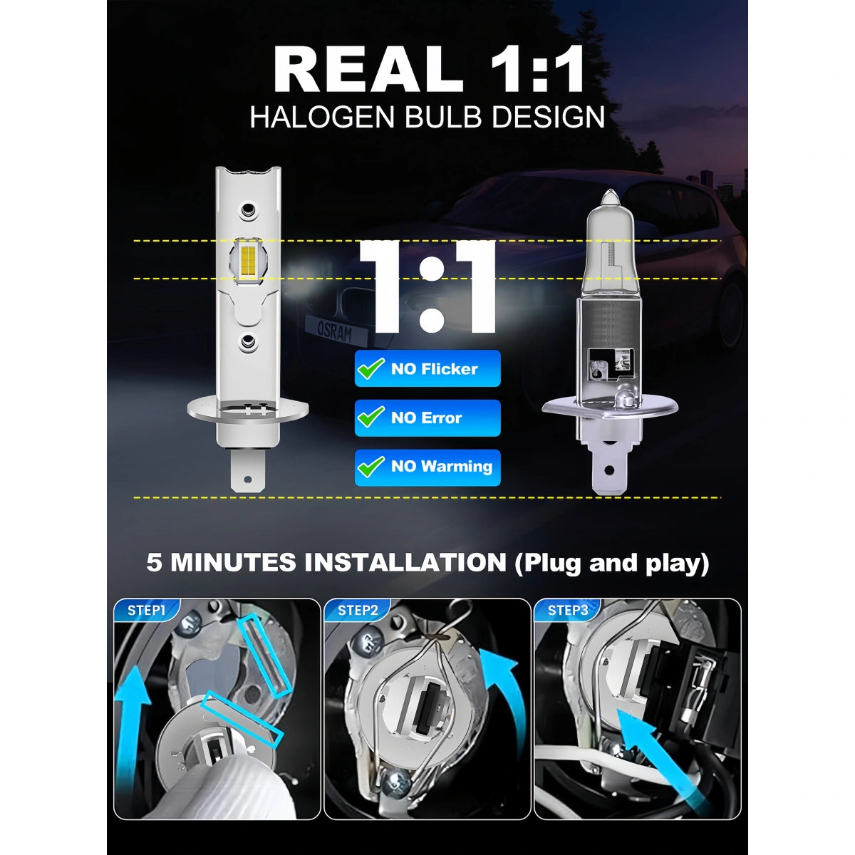 XM3 Series H1 LED Headlight Bulbs with Perfect Design