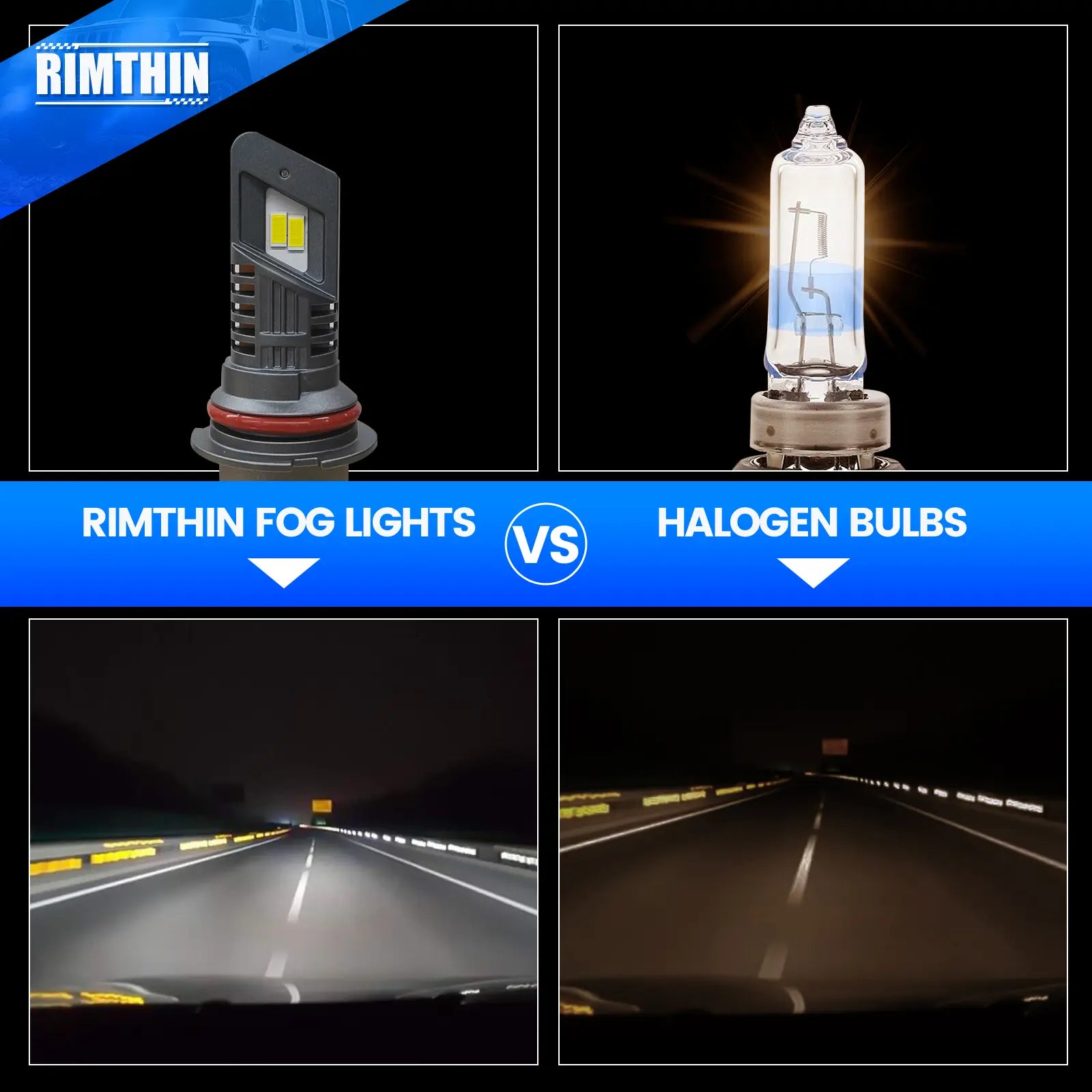 RIMTHIN LED fog lights vs halogen bulbs comparison for brighter visibility, automotive lighting