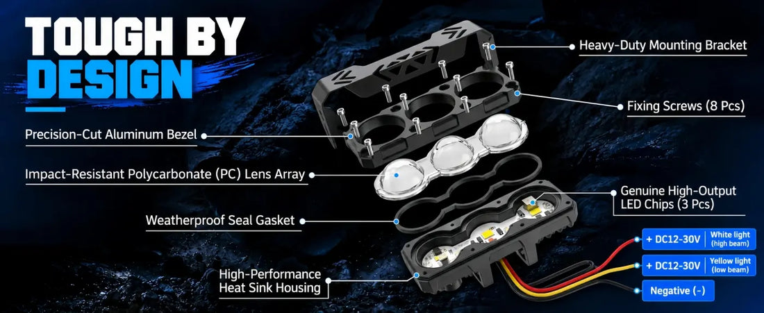 Rugged aluminum housing LED pod light structure with PC lens and 12-30V wiring guide