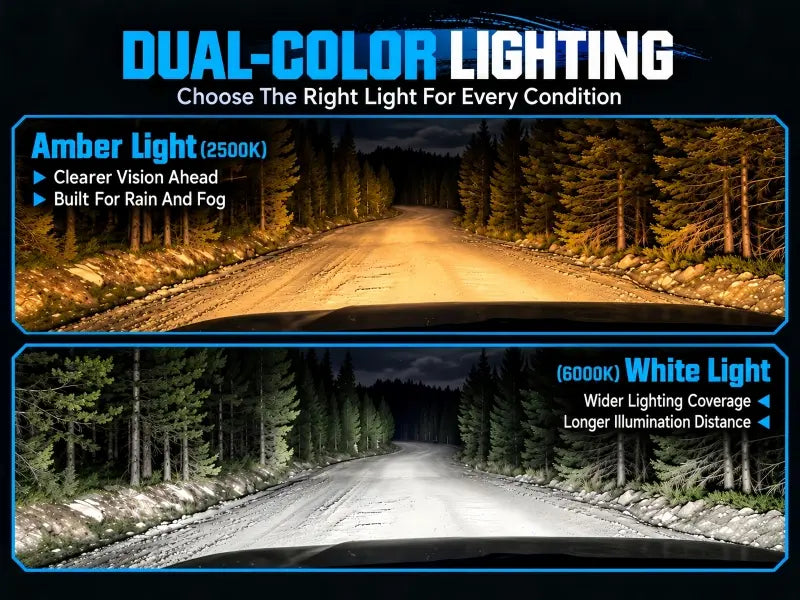 Dual-color LED pod lights with 2500K amber fog light for rain and 6000K white lights