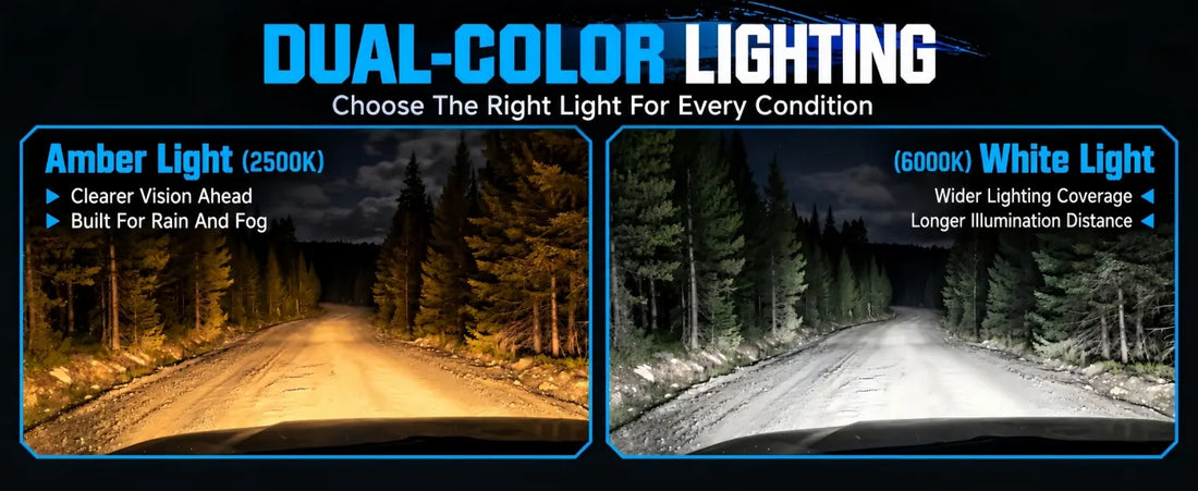 Dual-color LED pod lights with 2500K amber fog light for rain and 6000K white light